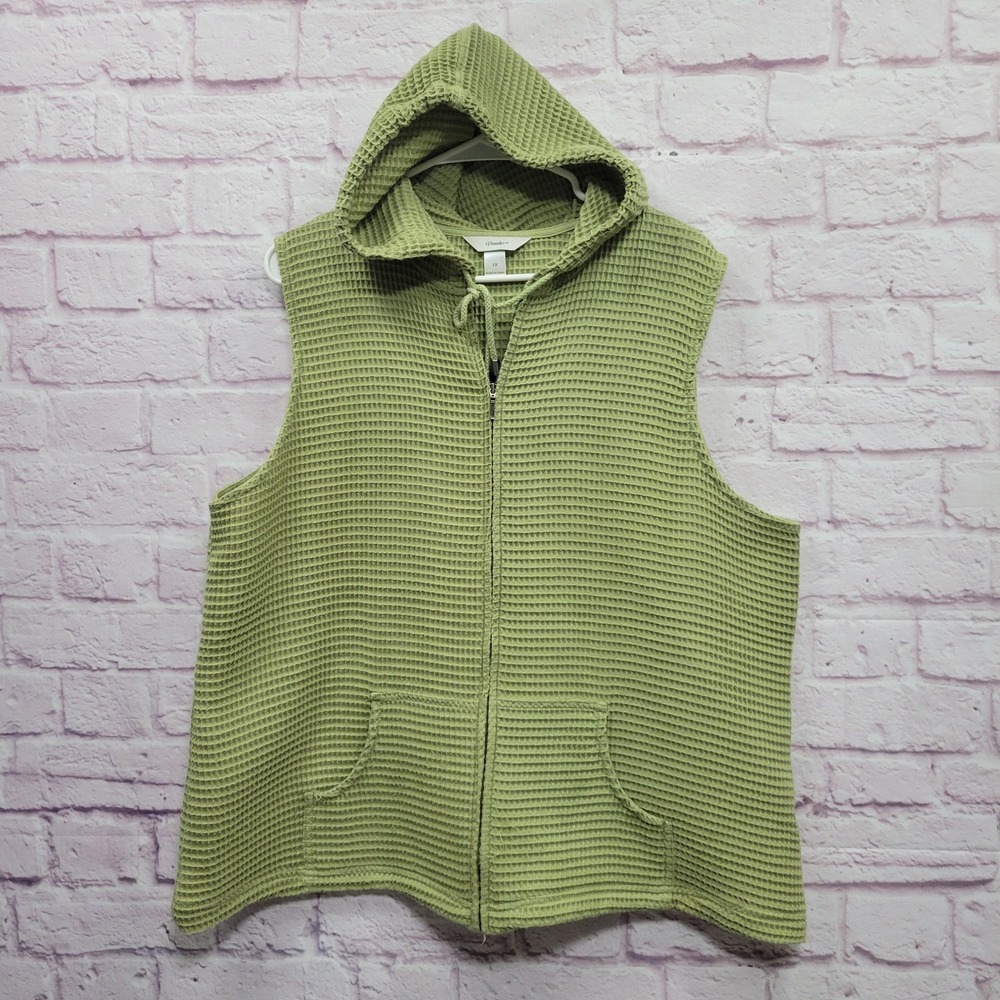 CJ Banks Green Waffle Knit Hoodie Vest Shirt 1X Full Zip Sleeveless Fairycore
